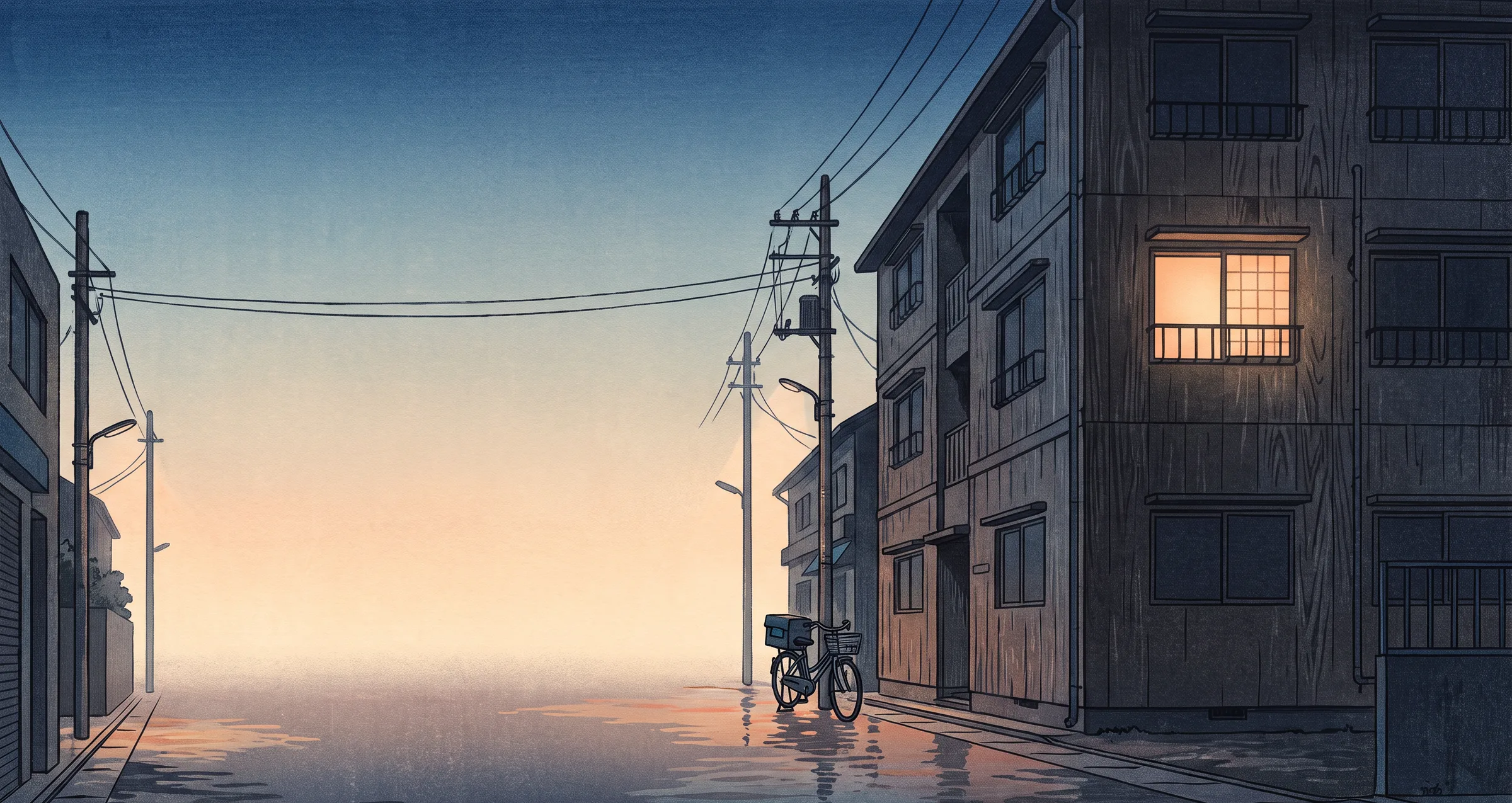 A woodblock-print street at first light: a wooden apartment block with one lit window, a bicycle by the curb and power lines against a pale sky